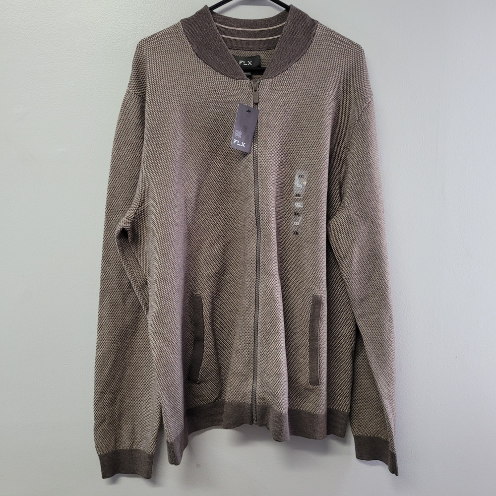 FLX‎ Mens Premium Full-Zip Sweater XXL Brown Textured Knit Bomber Jacket
